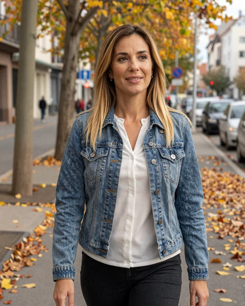 Confident woman walking on an autumn city street on Naomidate