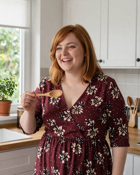 Cheerful woman cooking in a bright home kitchen on Naomidate