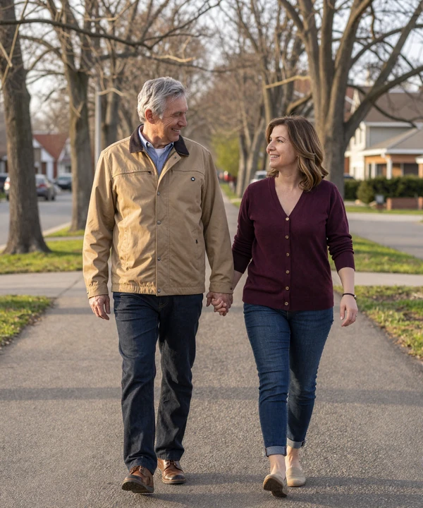 Mature couple walking hand in hand through a spring park representing Naomidate success