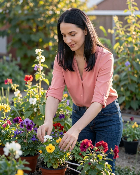 Woman tending flowers in a sunny garden on Naomidate