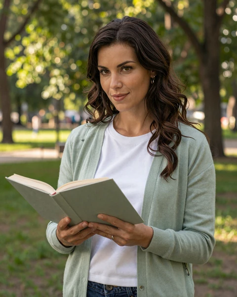 Woman reading a book in a sunlit park on Naomidate