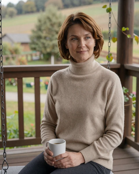 Woman relaxing on a porch with morning coffee on Naomidate
