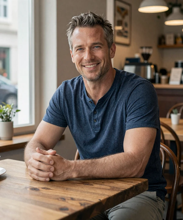 Confident man in his 50s smiling at a neighborhood cafe representing Naomidate members